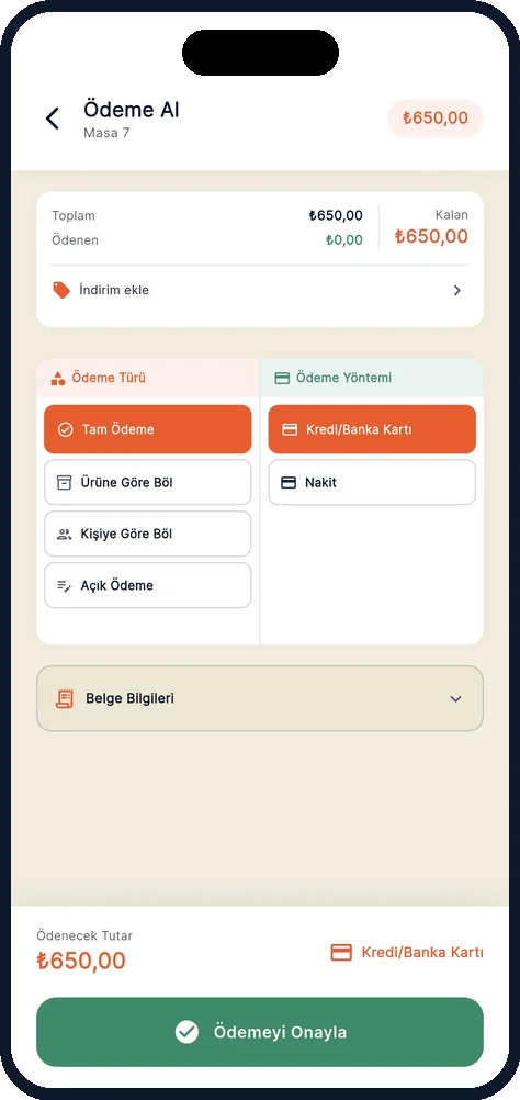 The payment screen of the dojofood waiter app