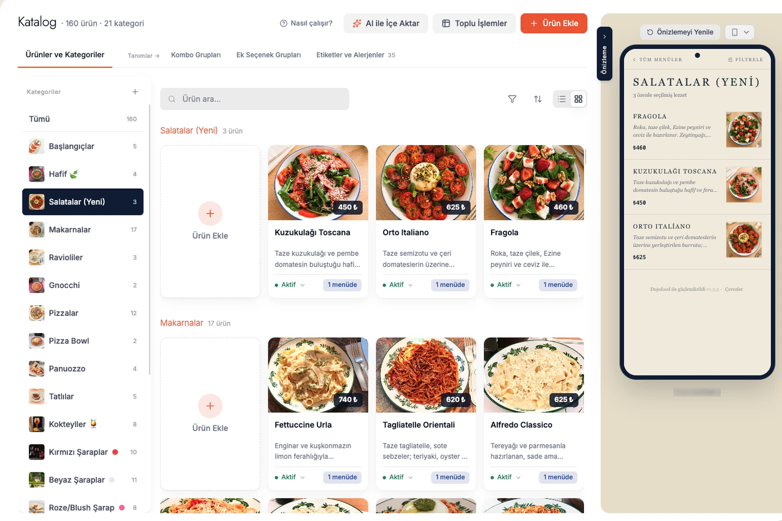 dojofood katalog ekranı: solda kategori ağacı, ortada ürün kartları, sağda QR menü önizlemesi