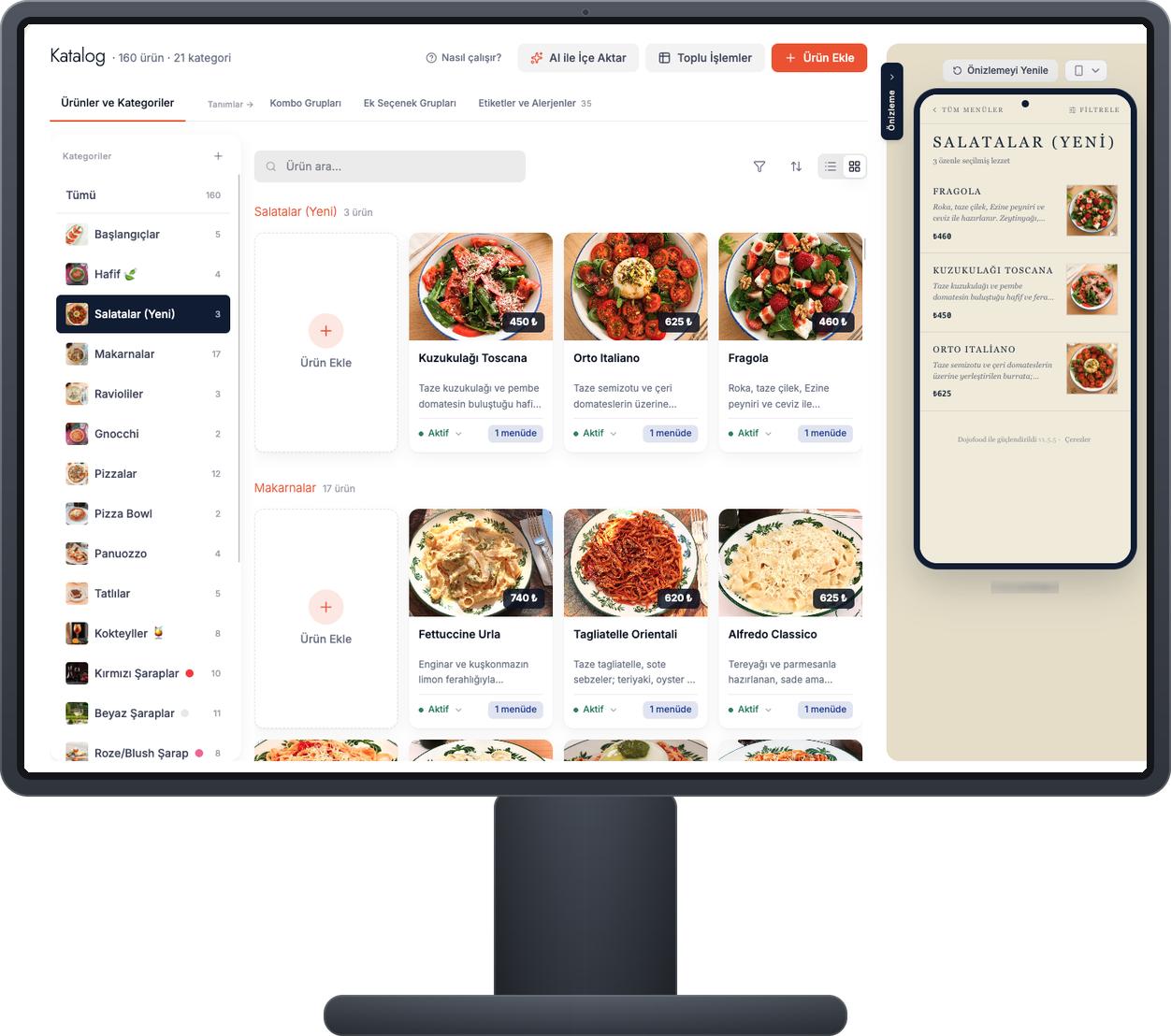 dojofood katalog ekranı: solda kategori ağacı, ortada ürün kartları, sağda QR menü önizlemesi