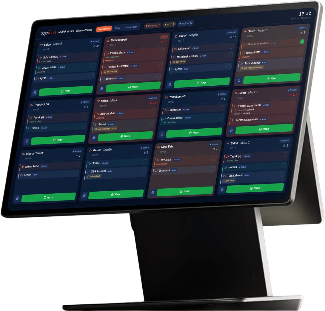 A touchscreen terminal running the dojofood kitchen display
