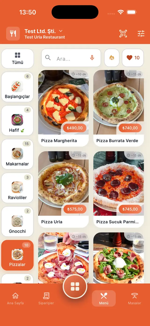The menu screen in the dojofood waiter app, with the category rail and a photo item grid