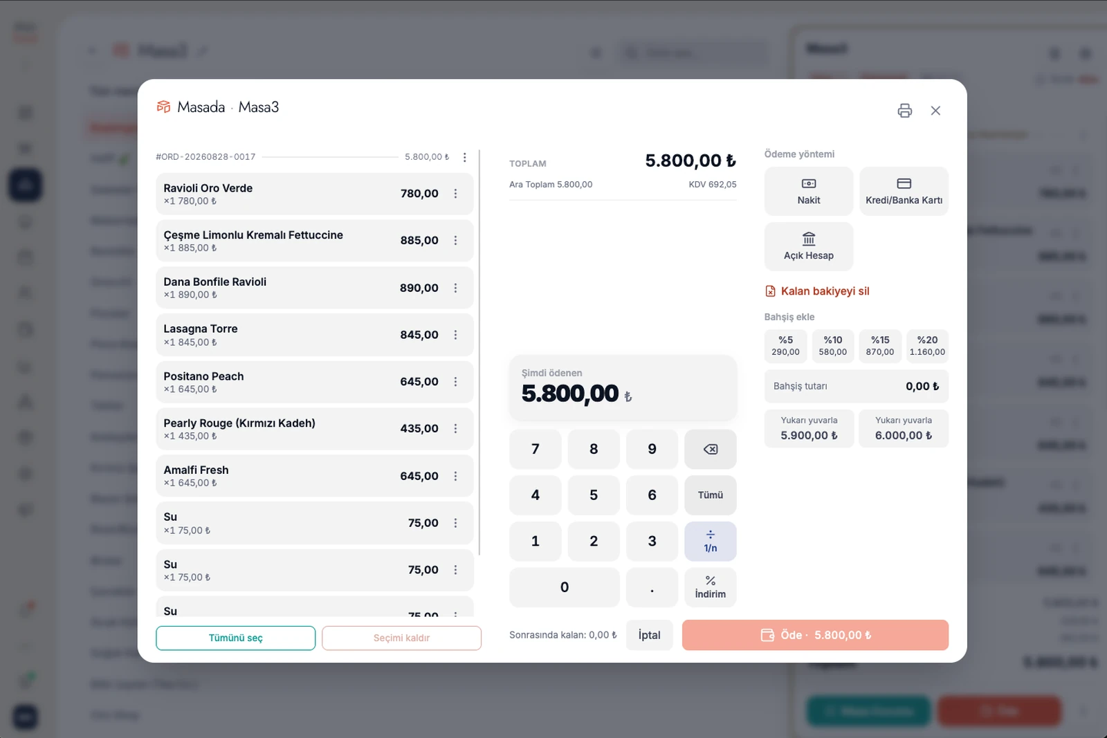 The dojofood payment screen: check lines, payment methods, tip and round-up options
