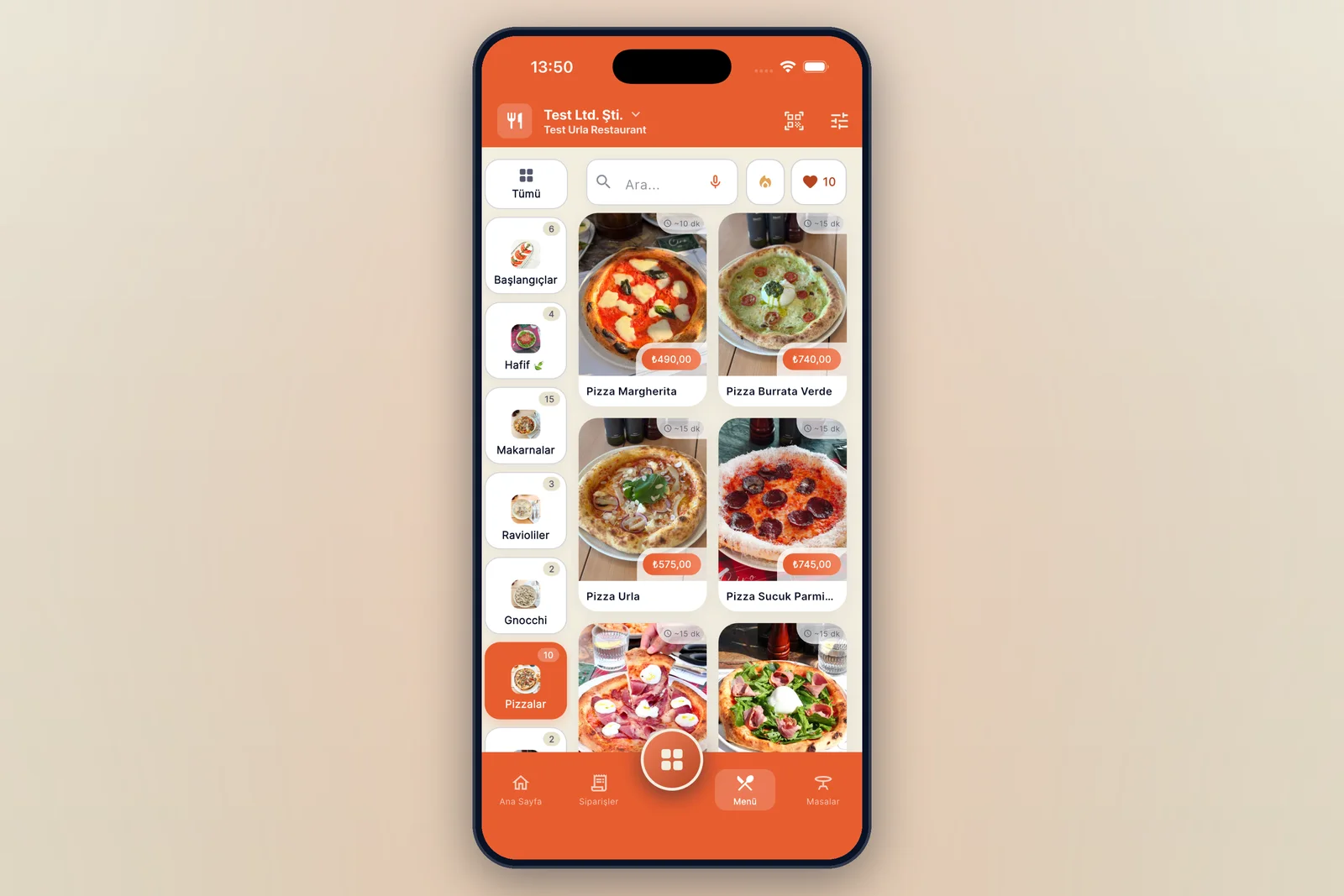 The menu screen in the dojofood waiter app, with the category rail and a photo item grid