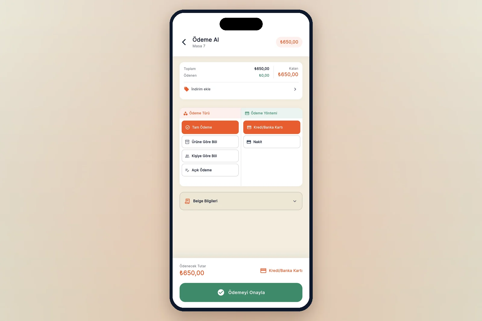 The payment screen in the dojofood waiter app: payment type, payment method and document details