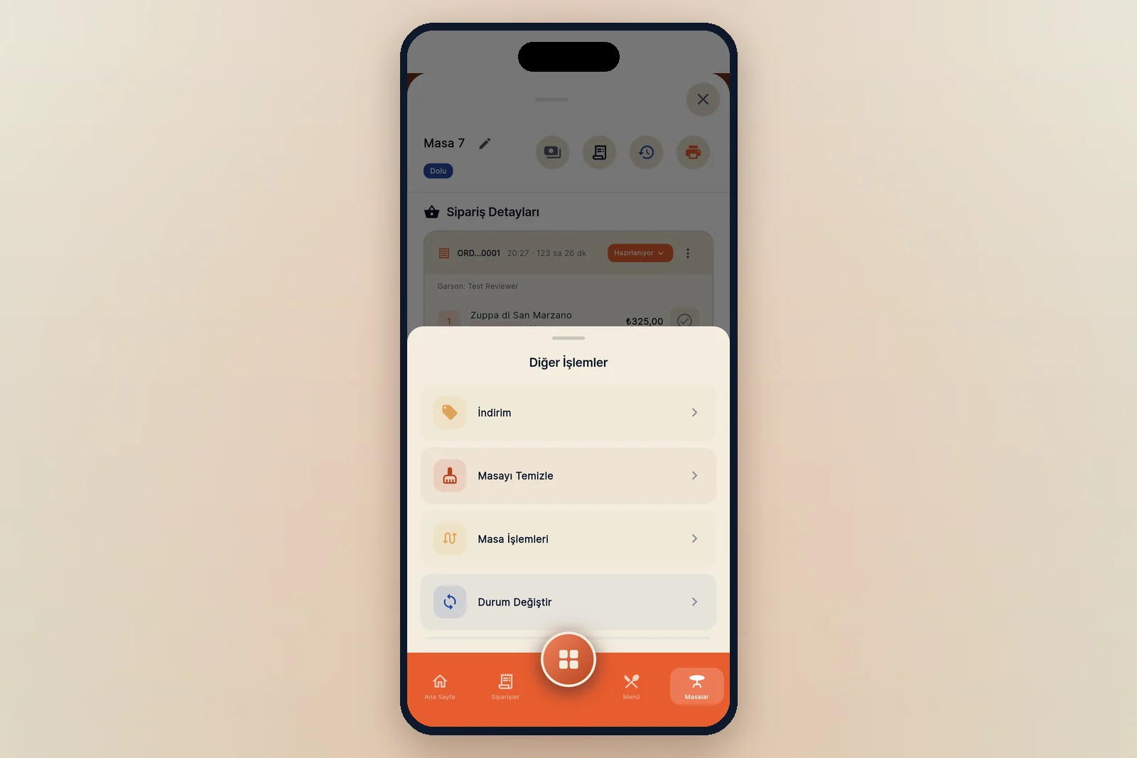 The table actions page in the dojofood waiter app: discount, clean the table, table actions and change status