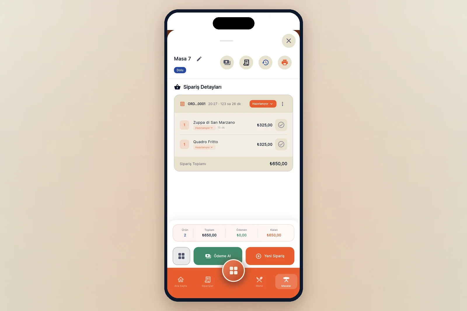 The order detail screen of an open table in the dojofood waiter app