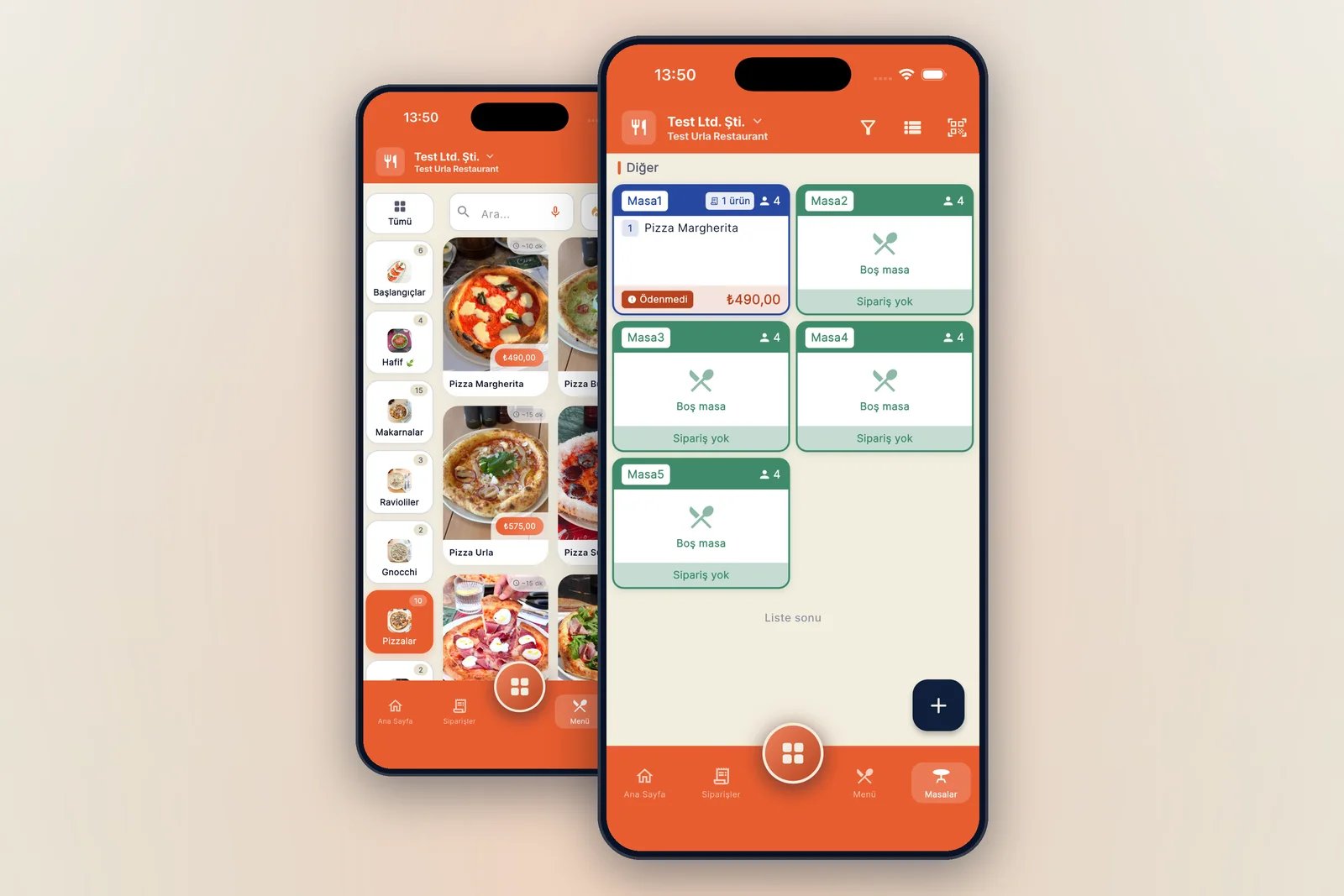 The tables screen in the dojofood waiter app, showing a table with an open check and empty tables